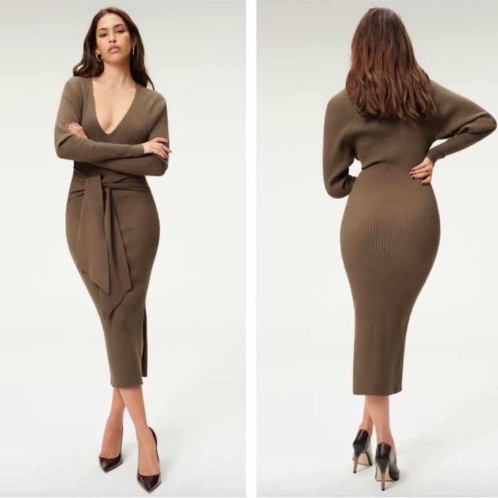 Good American Chocolate Ribbed Belted Long Sleeve Wrap Bodycon Dress Size 1/2 Sm